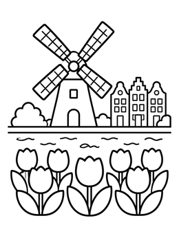 Free printable Windmill, Canal Houses, And Tulips coloring page