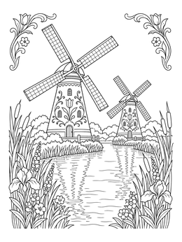 Two decorated windmills along a scenic canal in this netherlands coloring page.