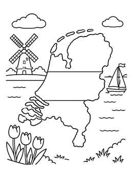 Free printable Netherlands Map Outline With Windmill And Tulips coloring page