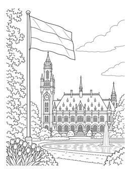 A detailed netherlands coloring page depicting the historic Peace Palace in The Hague with a flying Dutch flag.