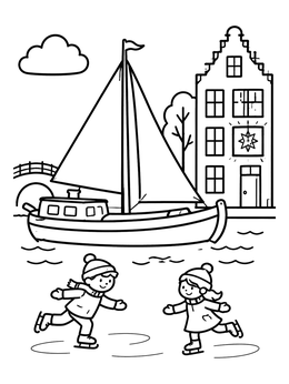 Free printable Winter Ice Skating By Dutch Canal coloring page
