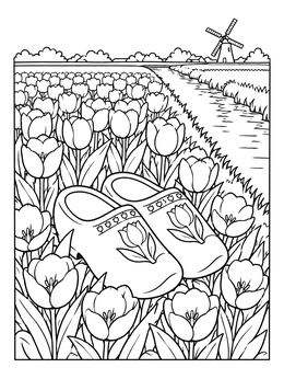 A peaceful netherlands coloring page featuring decorated wooden clogs among blooming tulips near a canal.