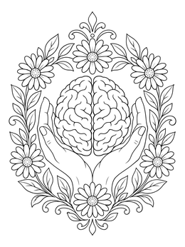 A floral neurodiversity coloring page showing hands holding a brain inside a daisy wreath.