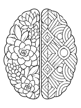 A stylized neurodiversity coloring page showing a brain split into succulent flowers and geometric patterns.