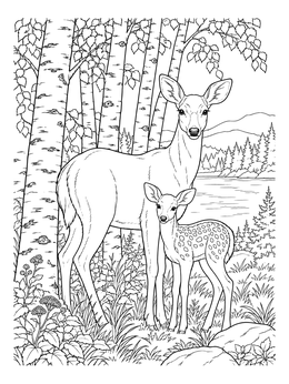 A doe and spotted fawn in this realistic New Hampshire coloring page with paper birch trees and a scenic lake.
