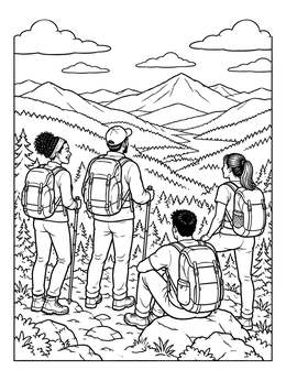 Free printable Hikers Overlooking Mountain Valley coloring page