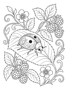 A detailed new hampshire coloring page featuring a ladybug resting among wild berries and leaves.
