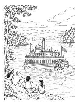 A vintage paddlewheel steamboat cruises across the lake in this scenic new hampshire coloring page.