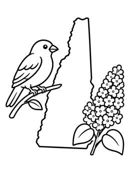 Free printable New Hampshire Map With Finch And Lilac coloring page