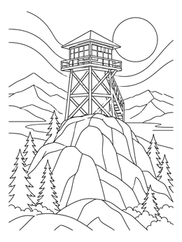 A fire tower stands atop a rocky summit in this New Hampshire coloring page.