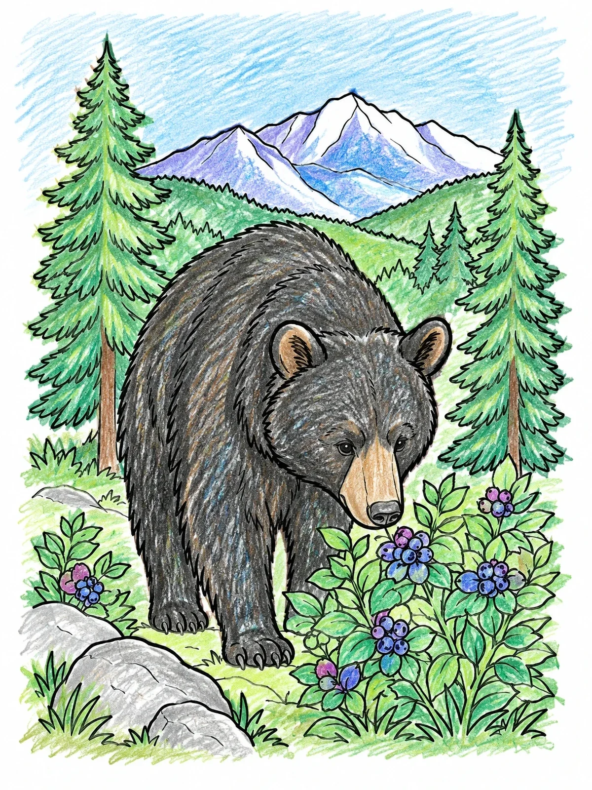 Colored example of the Black Bear In Mountain Forest coloring page