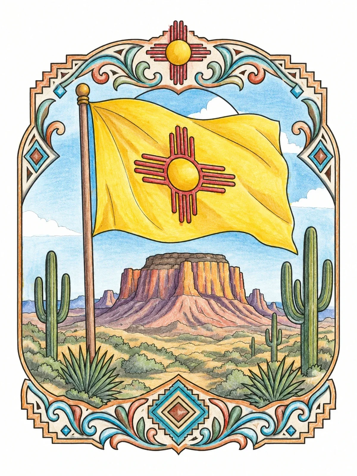 Colored example of the New Mexico Flag Over Desert Mesa coloring page