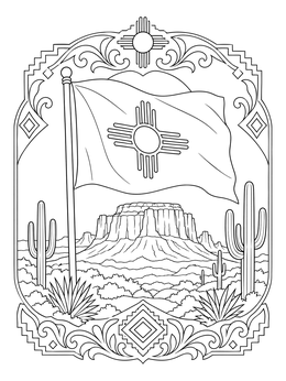 Free printable New Mexico Flag Over Desert Mesa coloring page