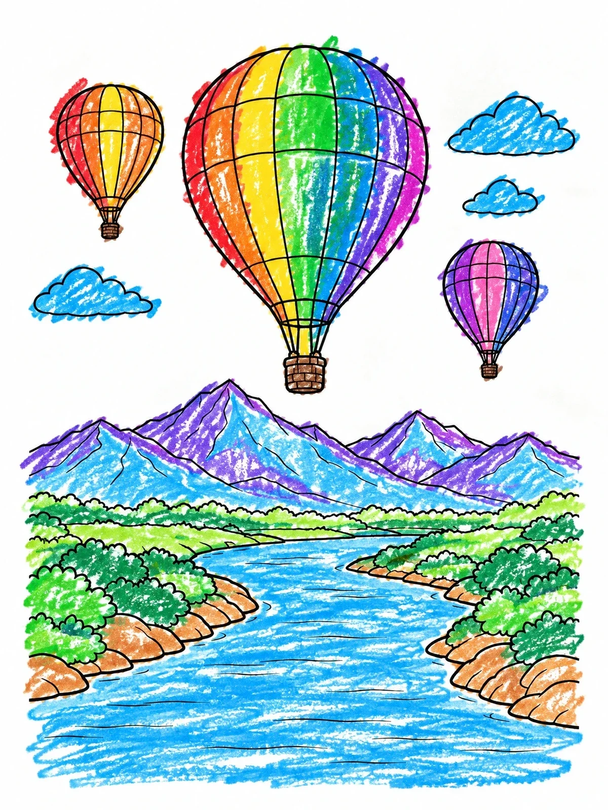 Colored example of the Hot Air Balloons Over River And Mountains coloring page