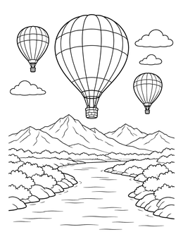 Free printable Hot Air Balloons Over River And Mountains coloring page