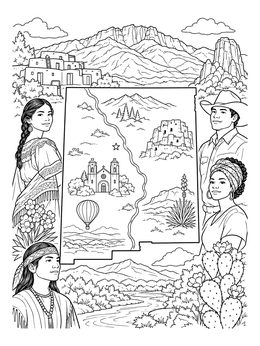 Free printable New Mexico Map And Cultural Landmarks coloring page