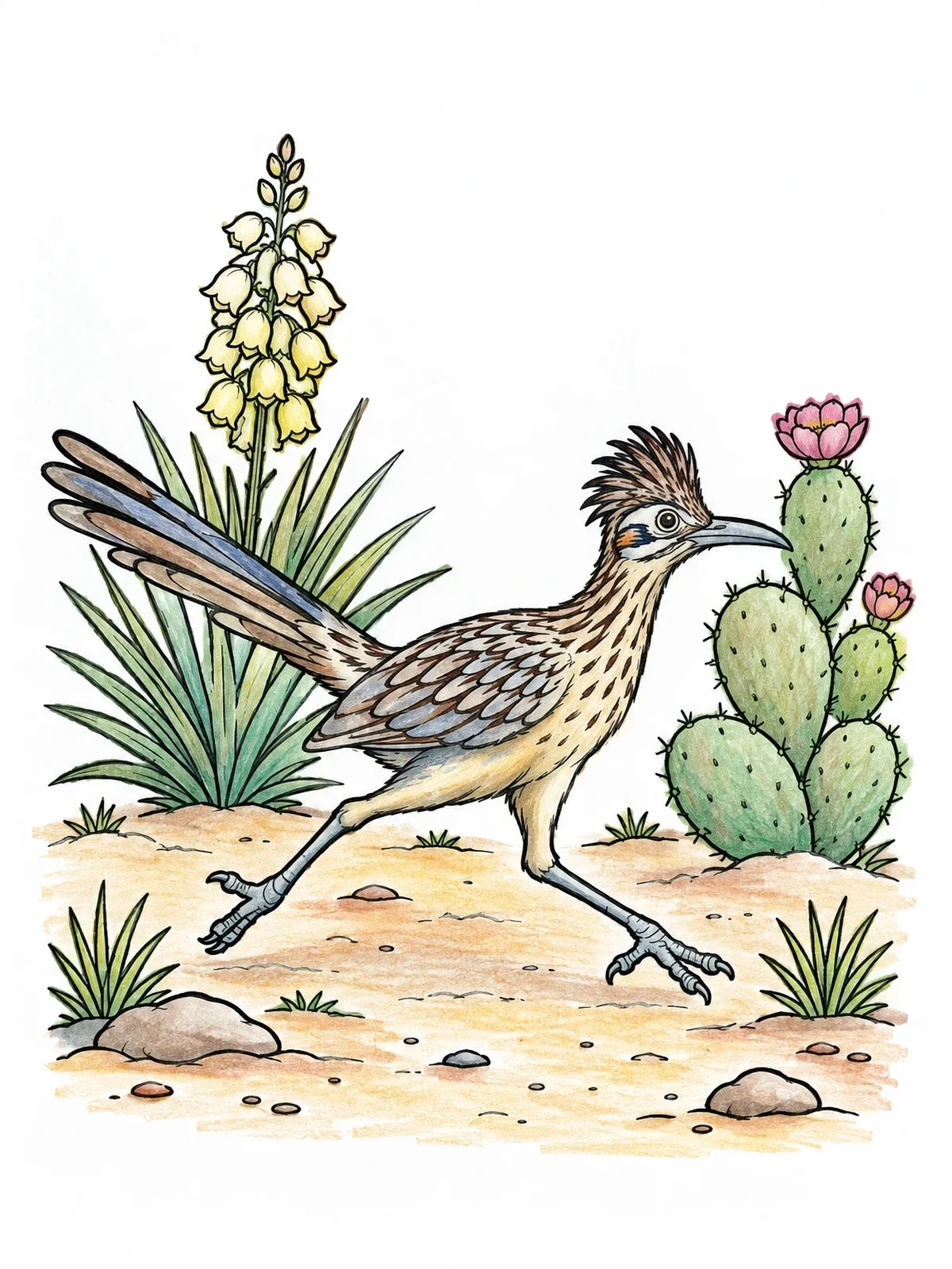 Colored example of the Roadrunner Sprinting Past Blooming Desert Yucca coloring page