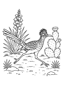 Free printable Roadrunner Sprinting Past Blooming Desert Yucca coloring page