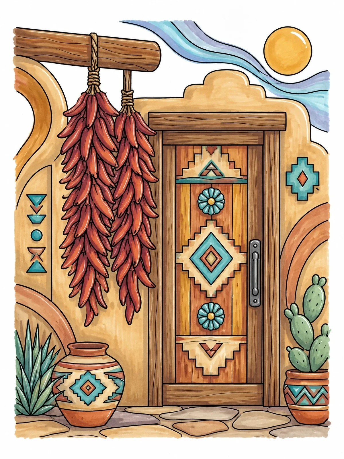 Colored example of the Southwestern Doorway With Chili Ristras coloring page