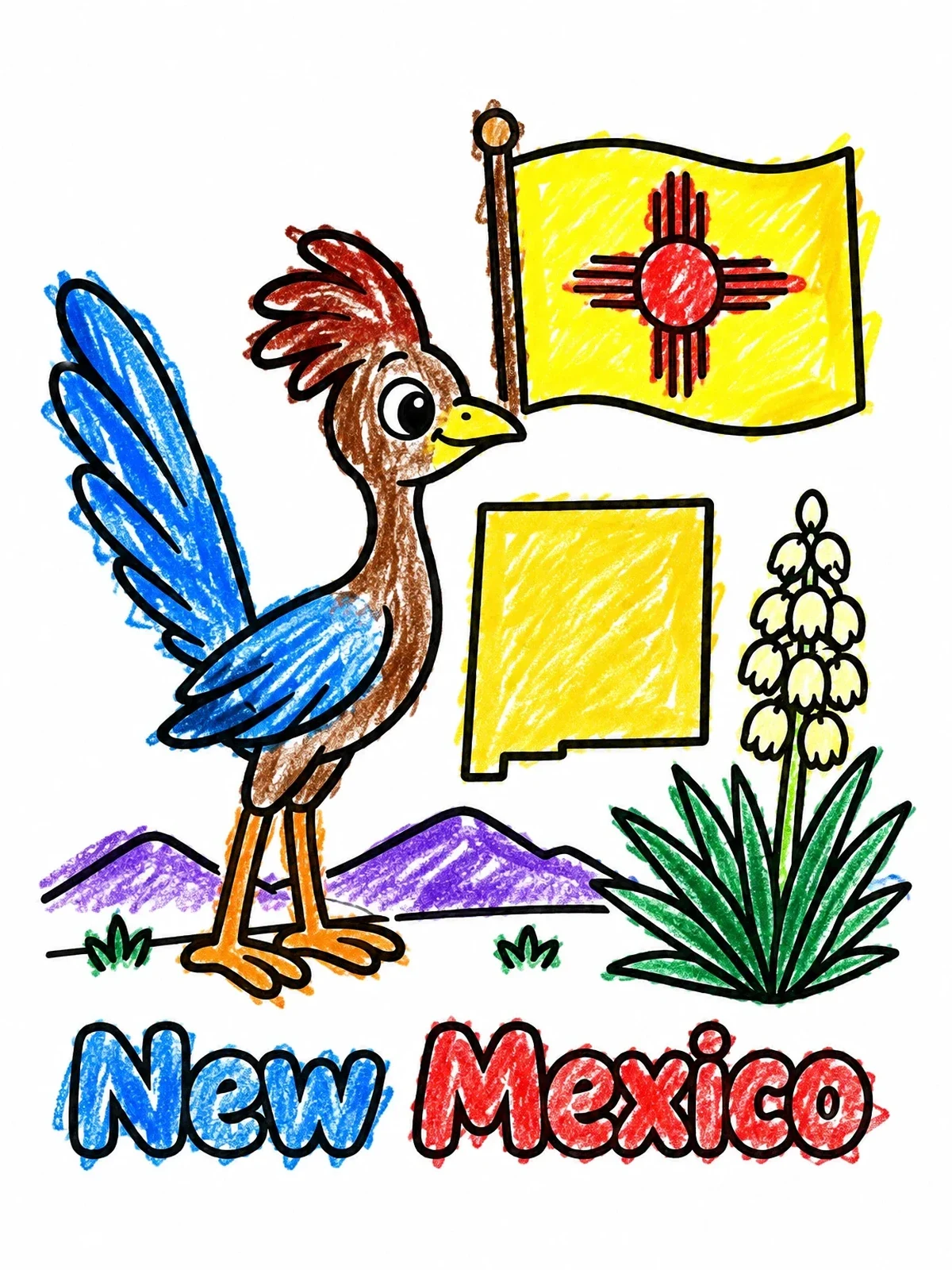 Colored example of the New Mexico State Symbols coloring page
