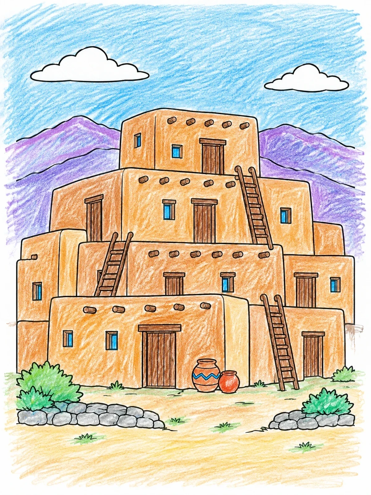 Colored example of the Traditional Adobe Pueblo Village coloring page