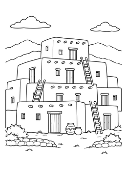 Free printable Traditional Adobe Pueblo Village coloring page