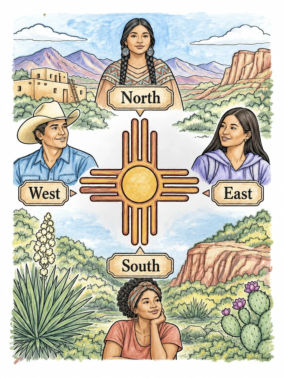 Colored example of the New Mexico Zia Sun And Cardinal Directions coloring page