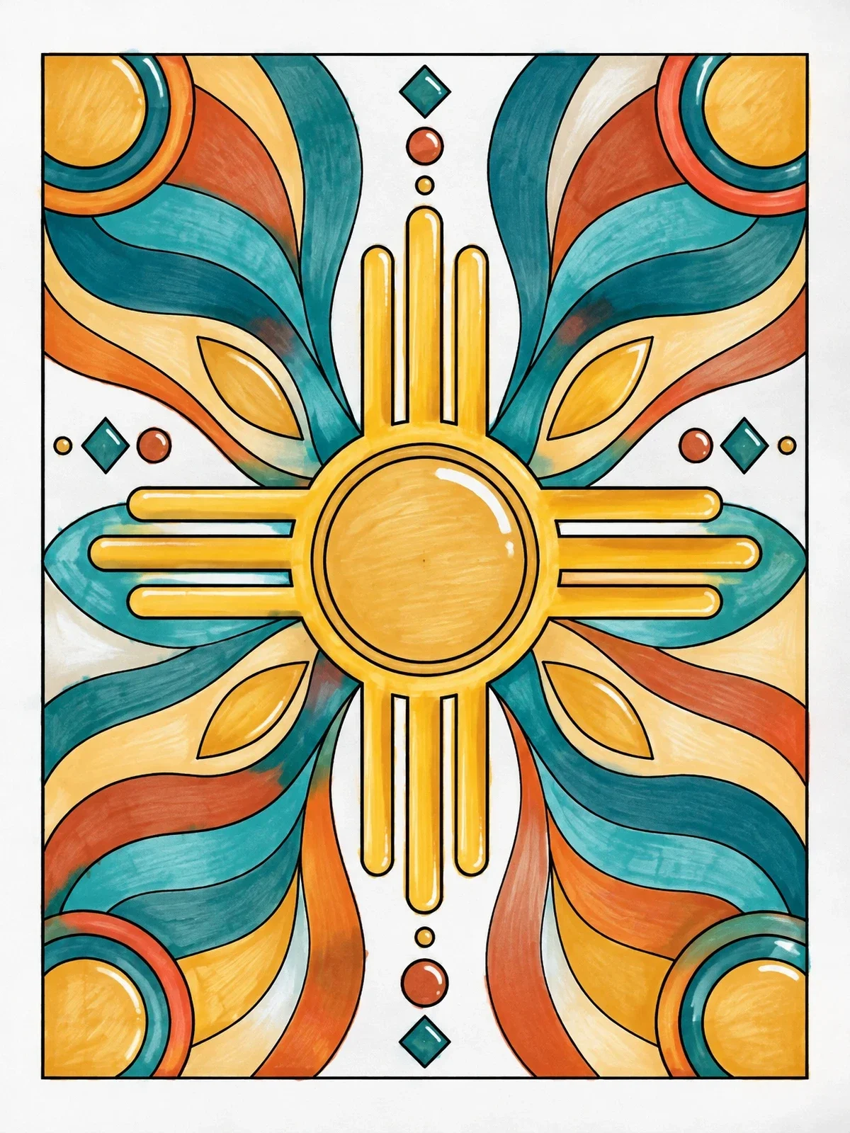 Colored example of the Zia Sun Symbol Pattern coloring page