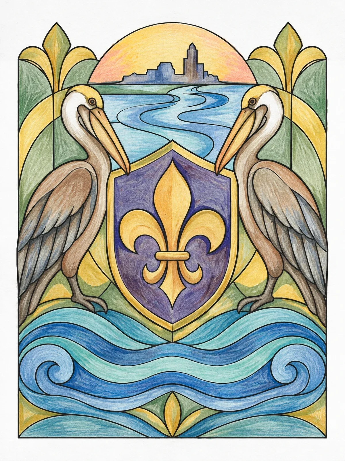 Colored example of the New Orleans Fleur De Lis Heraldic Emblem coloring page