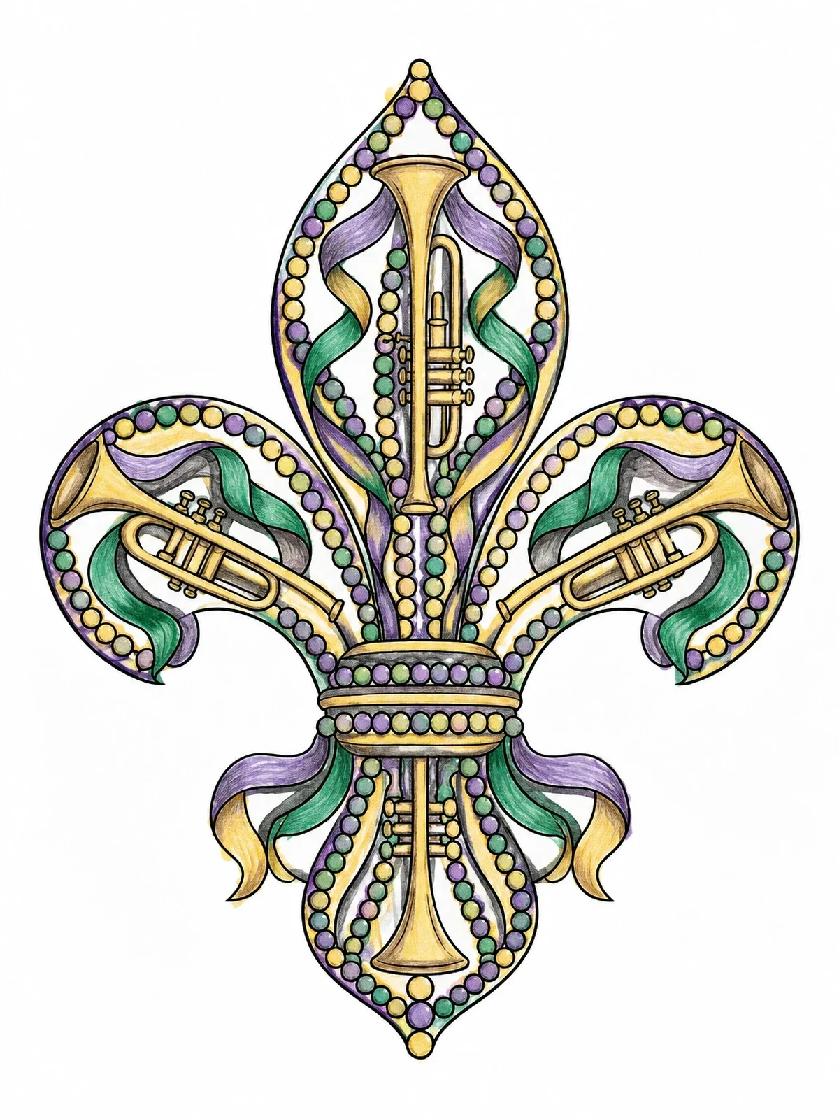 Colored example of the Fleur De Lis With Mardi Gras Trumpets coloring page
