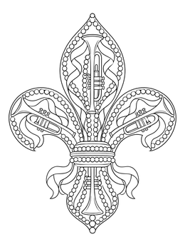 Free printable Fleur De Lis With Mardi Gras Trumpets coloring page