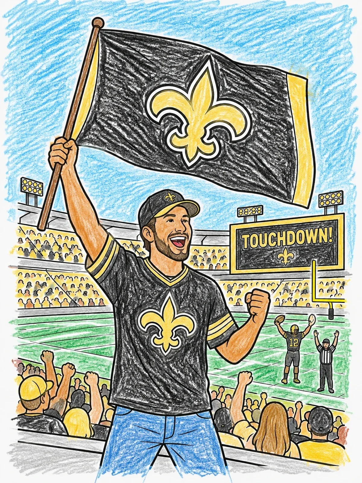 Colored example of the Football Fan Celebrating Touchdown With Flag coloring page