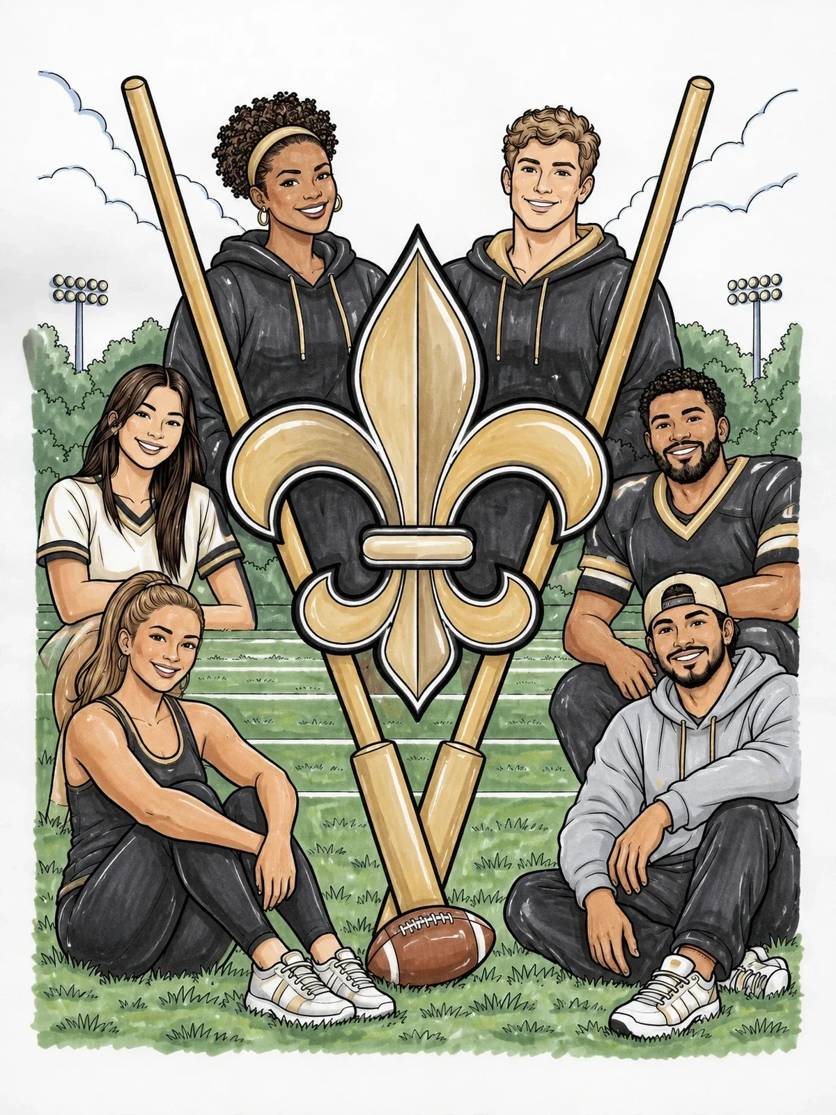 Colored example of the New Orleans Football Fans And Fleur De Lis coloring page