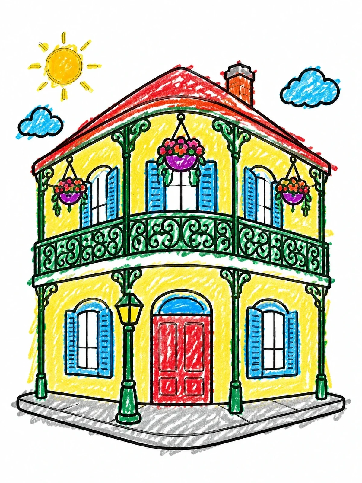 Colored example of the French Quarter Corner House coloring page