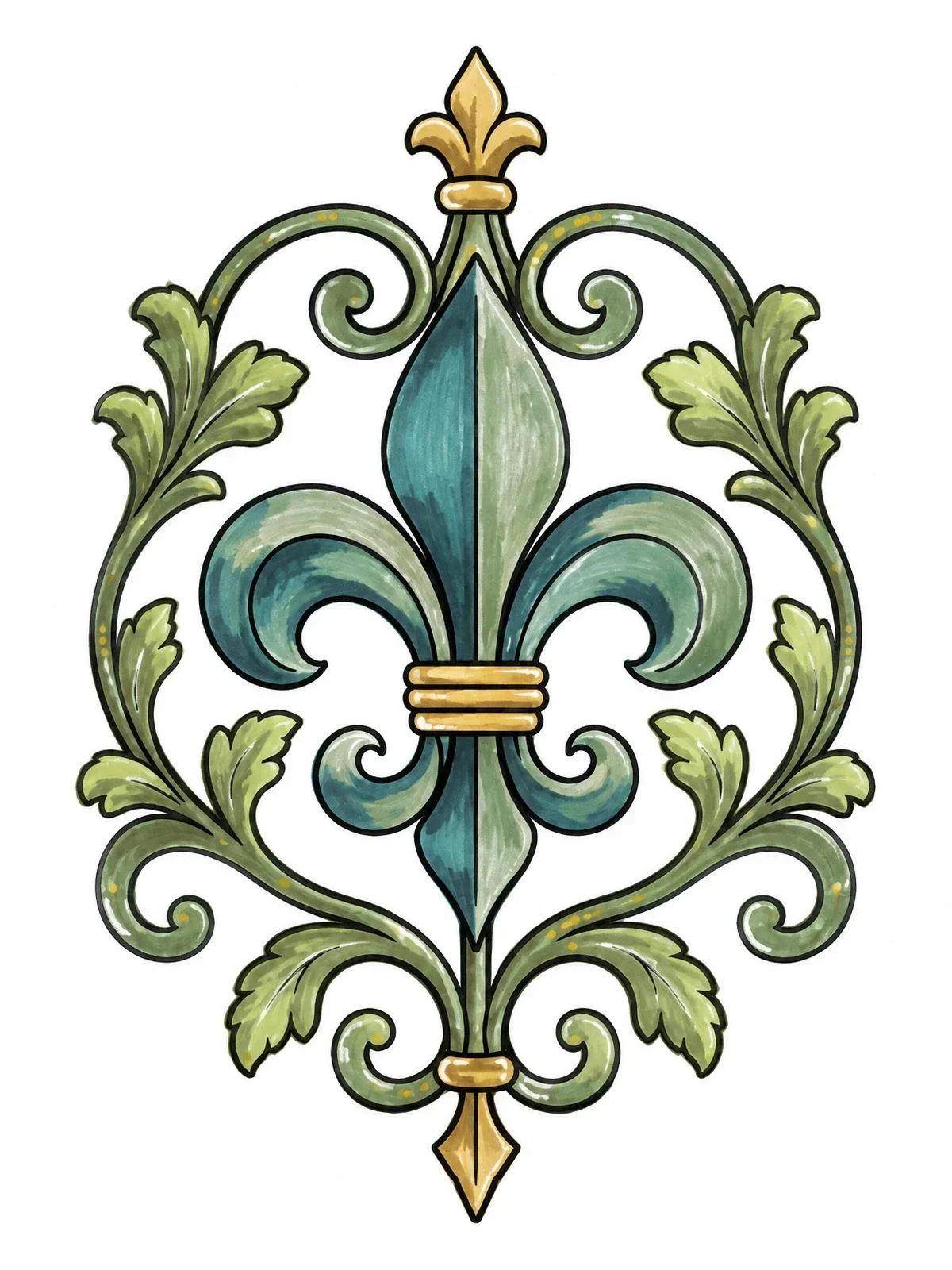 Colored example of the Ornate French Quarter Fleur De Lis coloring page