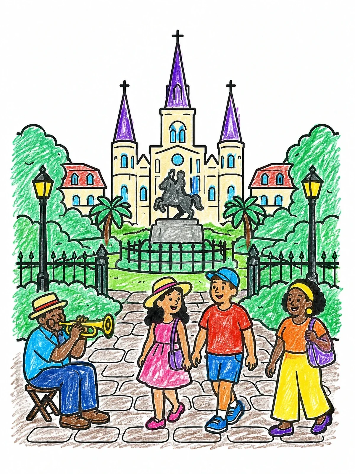 Colored example of the Family Visiting Jackson Square coloring page
