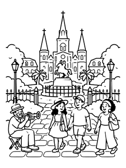 Free printable Family Visiting Jackson Square coloring page