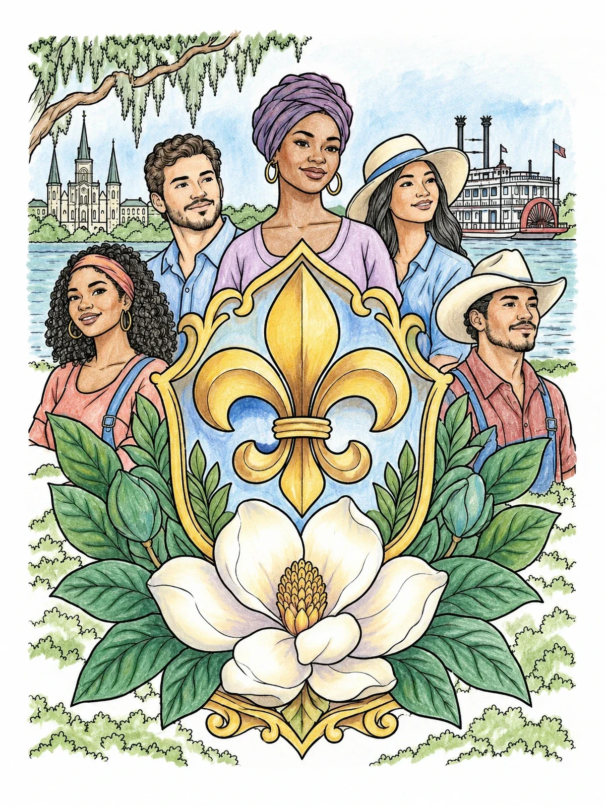 Colored example of the New Orleans Magnolia And Fleur De Lis Crest coloring page