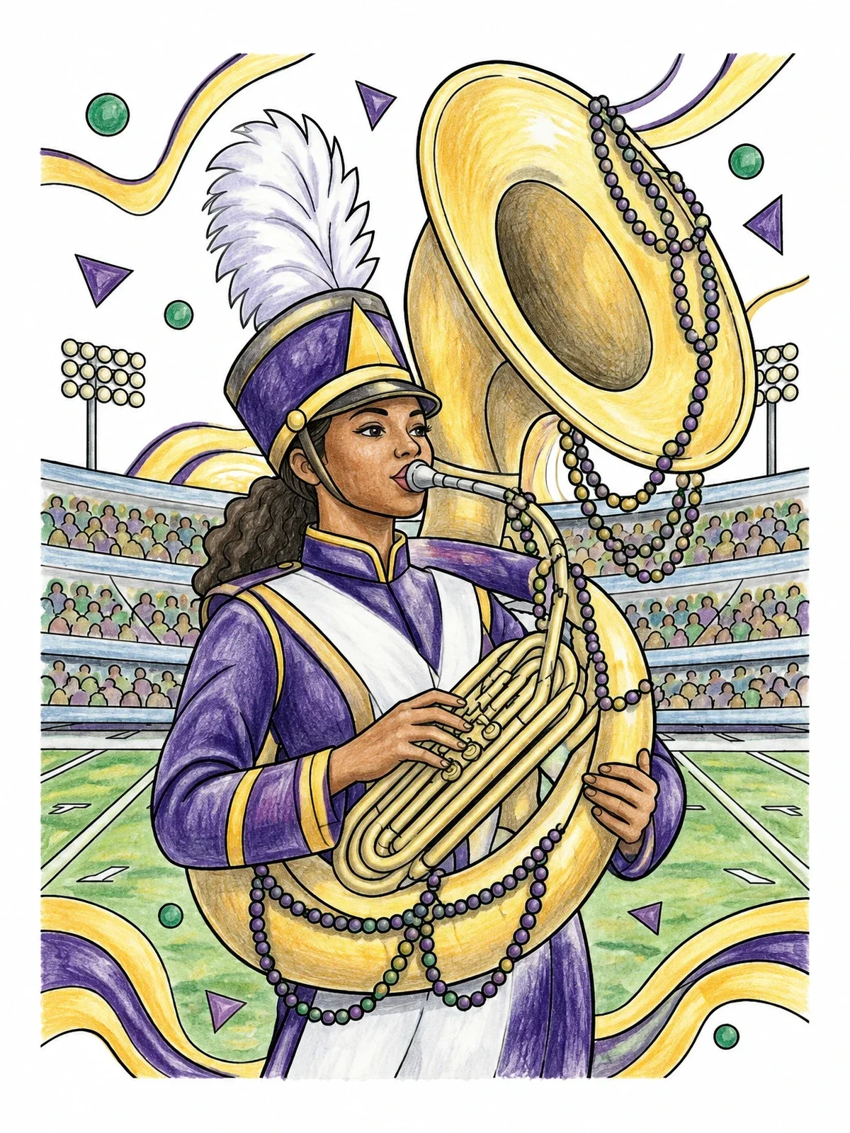 Colored example of the Marching Band Sousaphone Player In Stadium coloring page