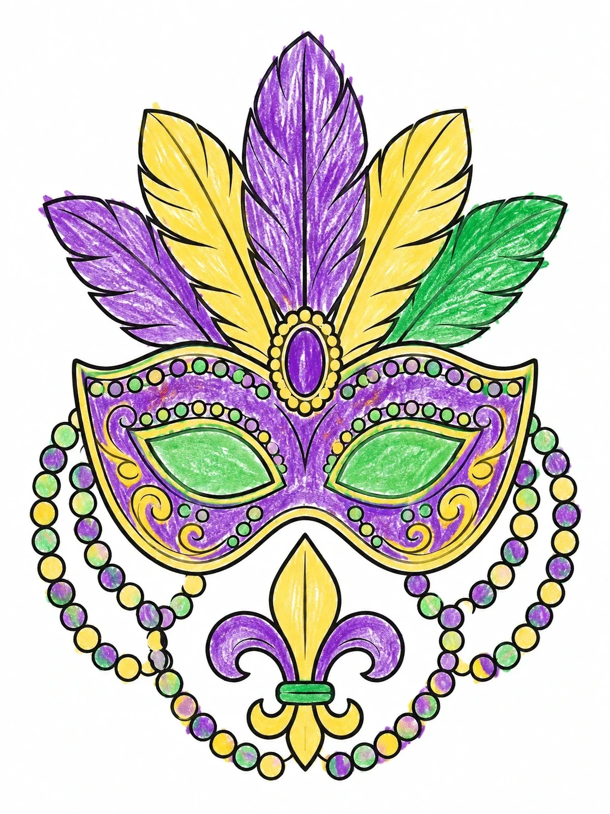 Colored example of the Mardi Gras Masquerade Mask And Beads coloring page