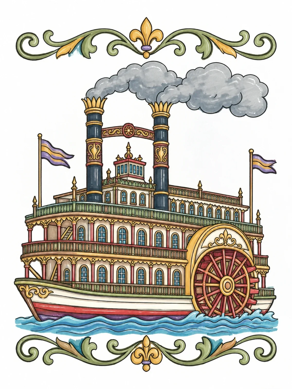 Colored example of the Historic Paddlewheel Riverboat On Water coloring page