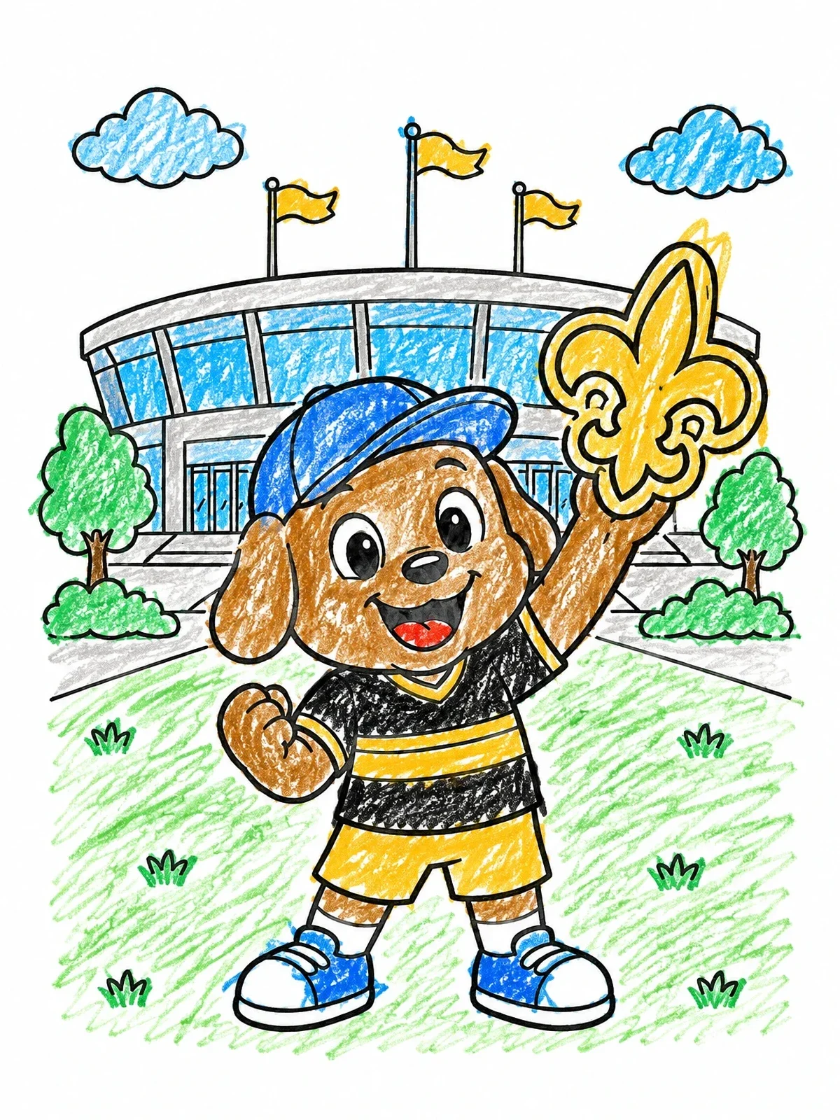 Colored example of the Puppy Mascot With Fleur De Lis coloring page