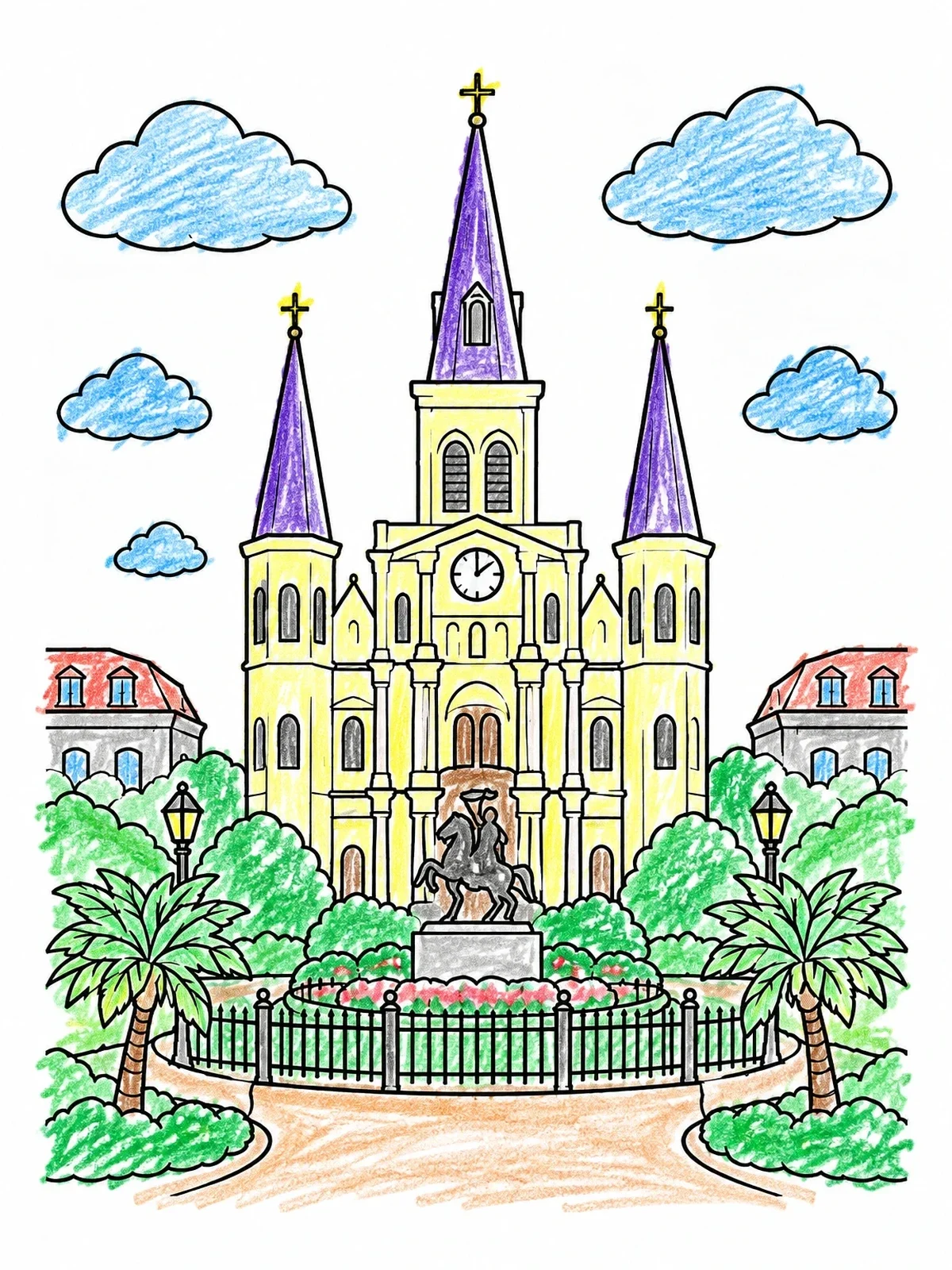 Colored example of the St. Louis Cathedral In Jackson Square coloring page