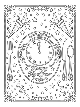 A festive New Year placemat coloring page featuring a midnight clock, cutlery, party horns, and confetti.