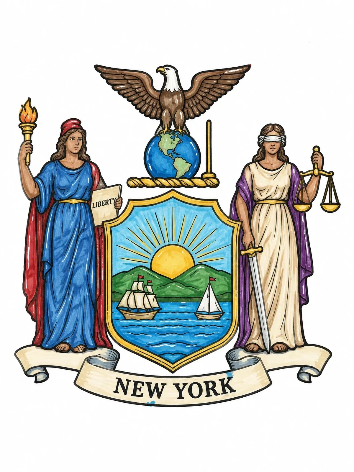 Colored example of the New York State Coat Of Arms coloring page
