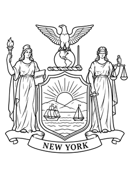 Classic new york state symbols coloring page featuring the official coat of arms with Liberty and Justice.