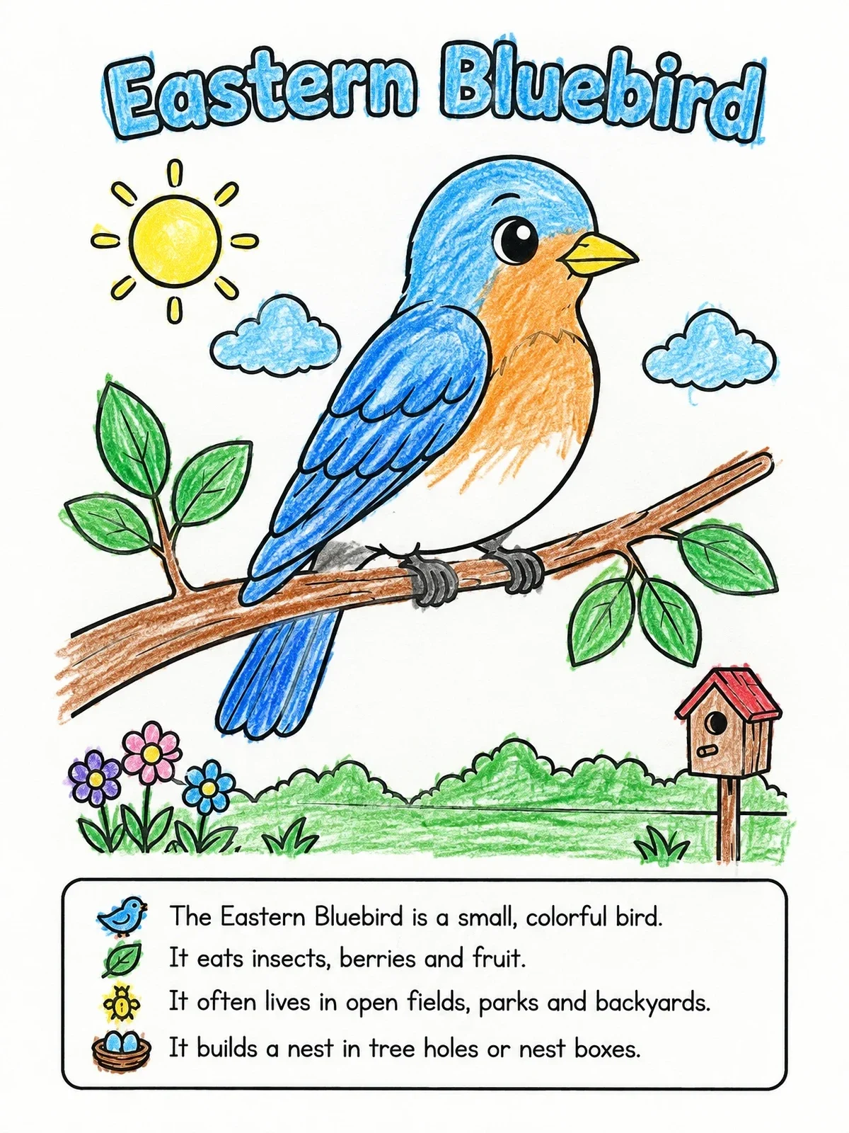 Colored example of the Cute Eastern Bluebird With Facts coloring page