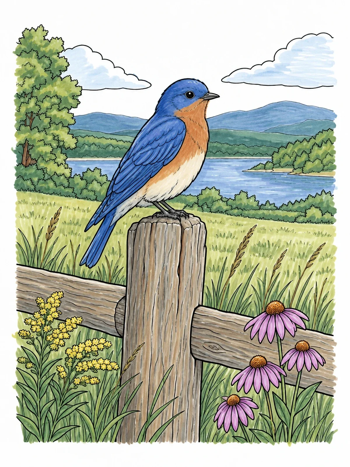 Colored example of the Eastern Bluebird On Wooden Fence coloring page