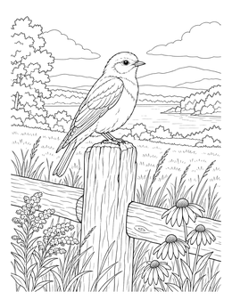 An eastern bluebird sits outdoors in this realistic new york state symbols coloring page.