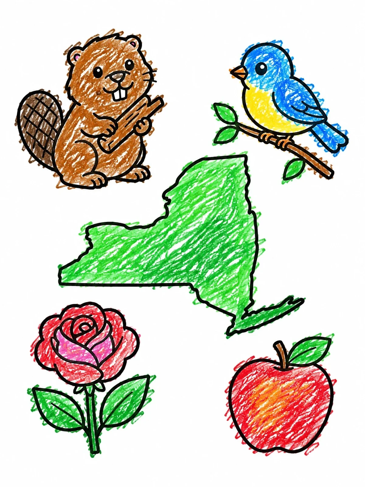 Colored example of the New York State Map And Symbols coloring page